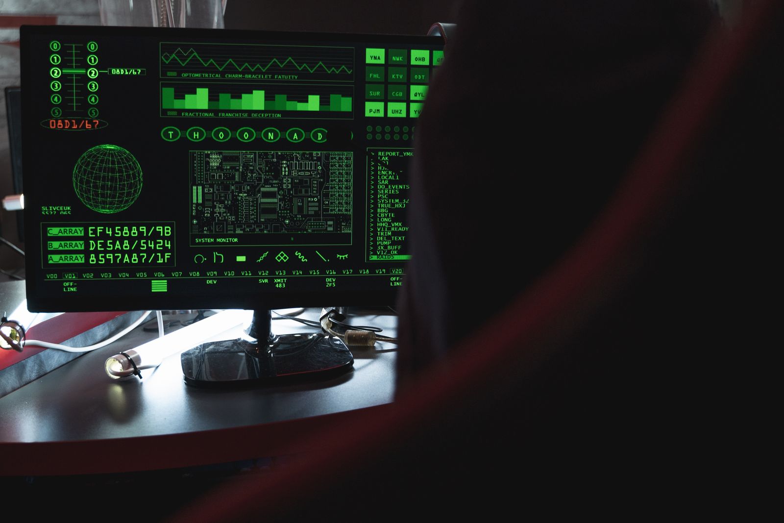 Computer monitor displaying bright green code in a dark workspace