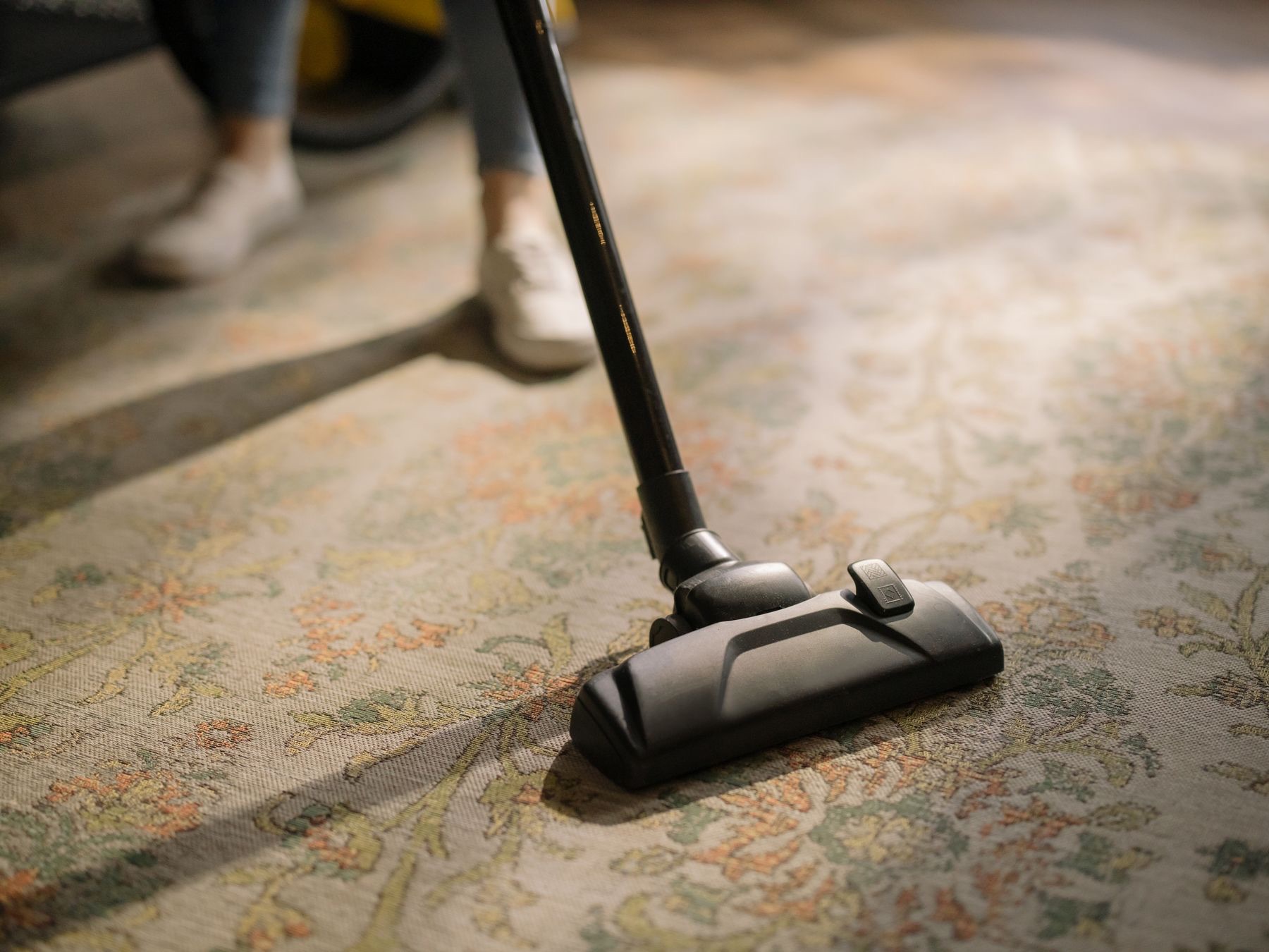 Vacuum head cleaning a large patterned area rug