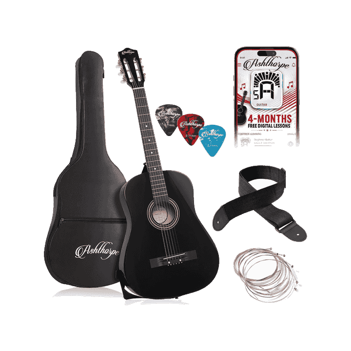 Ashthorpe 38-inch Beginner Acoustic Guitar (Black) Starter Kit with Gig